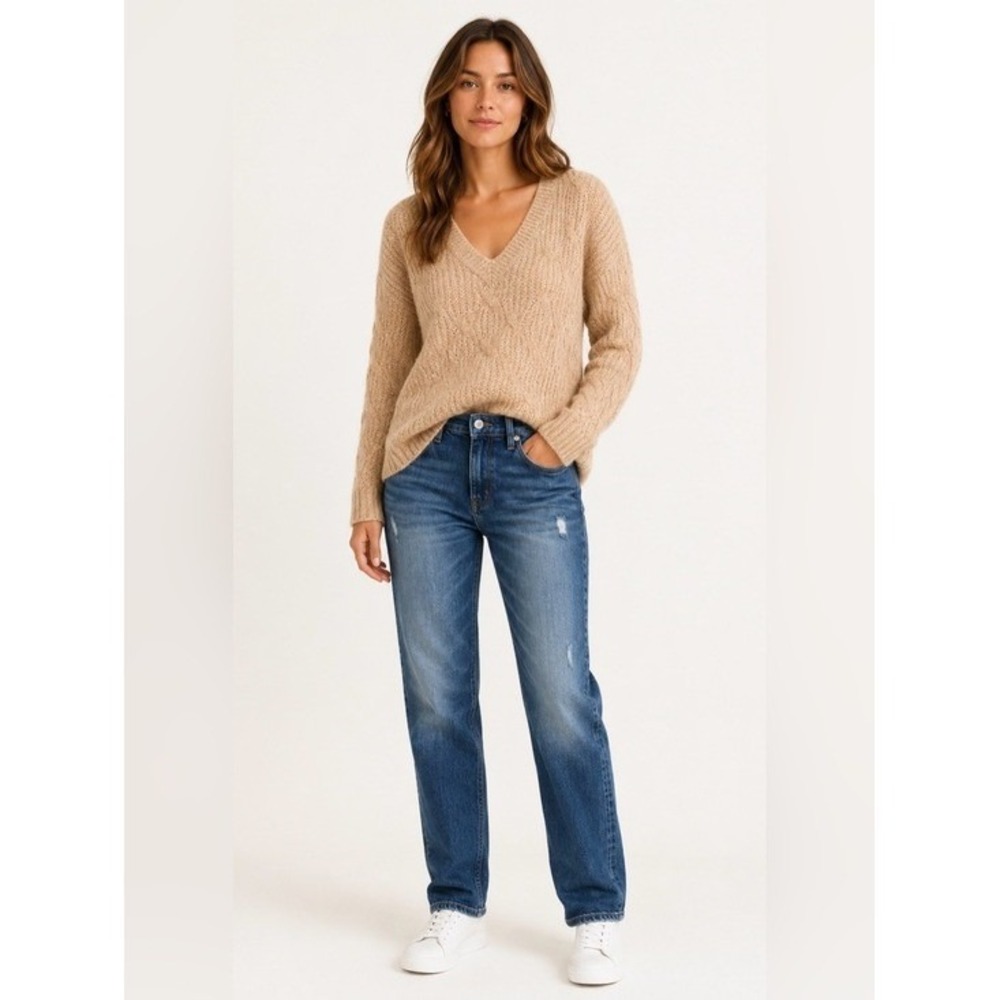 Lucky Brand V-Neck Cable Knit Sweater Tan Marl Womens Large Side Slit Pullover